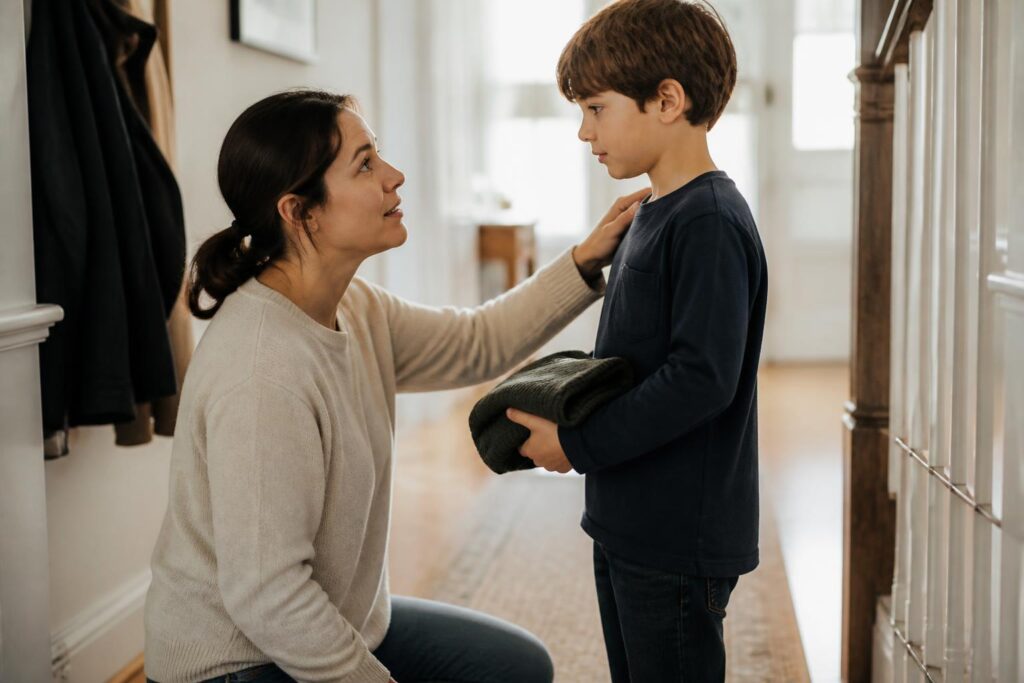 Maman à hauteur de son enfant TDAH pour lui donner une seule consigne à la fois