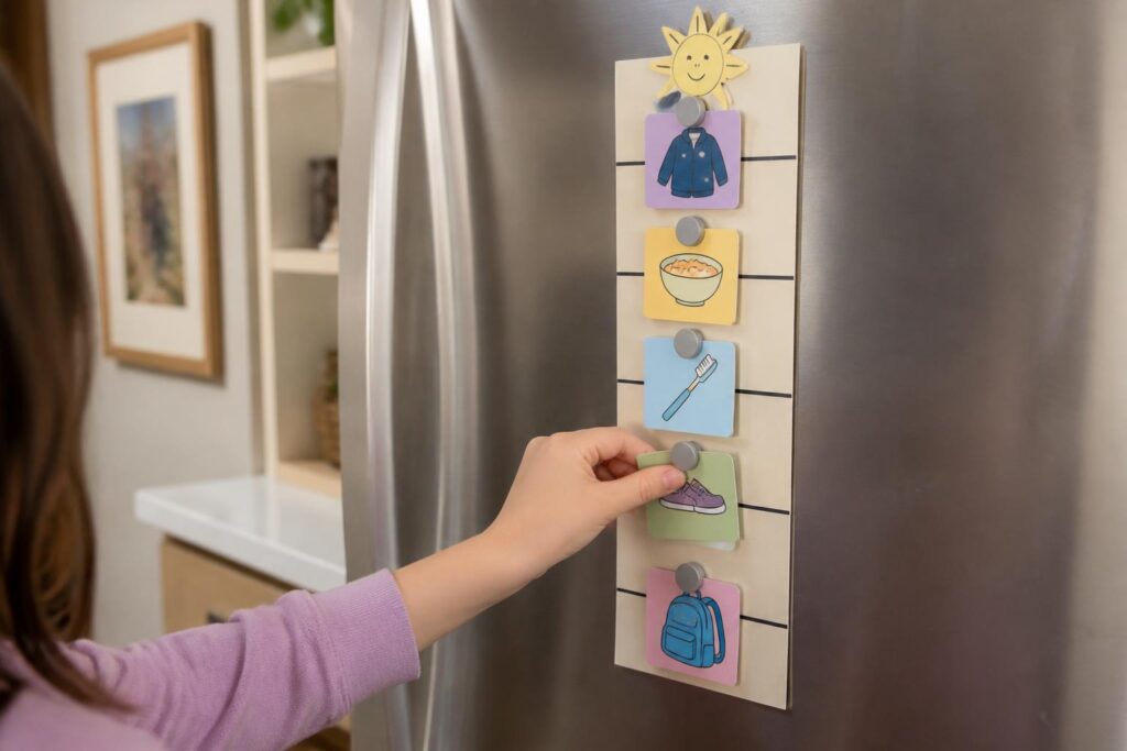 Routine visuelle en images sur le frigo pour aider un enfant TDAH à s’organiser