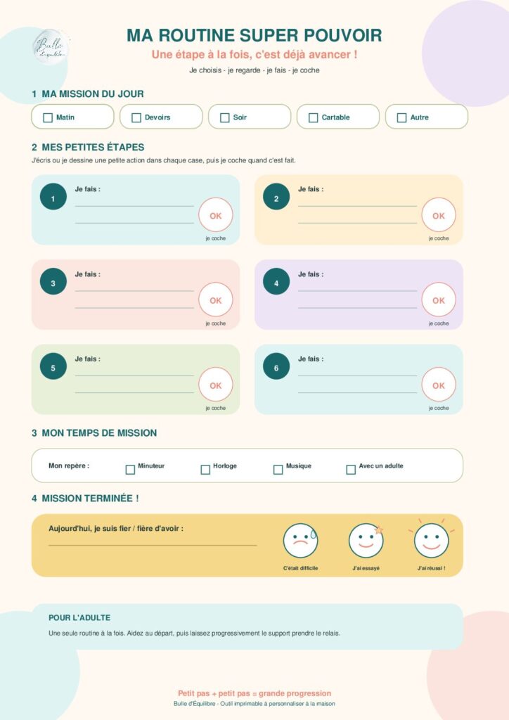 Fiche gratuite pour aider son enfant TDAH à s’organiser une étape à la fois