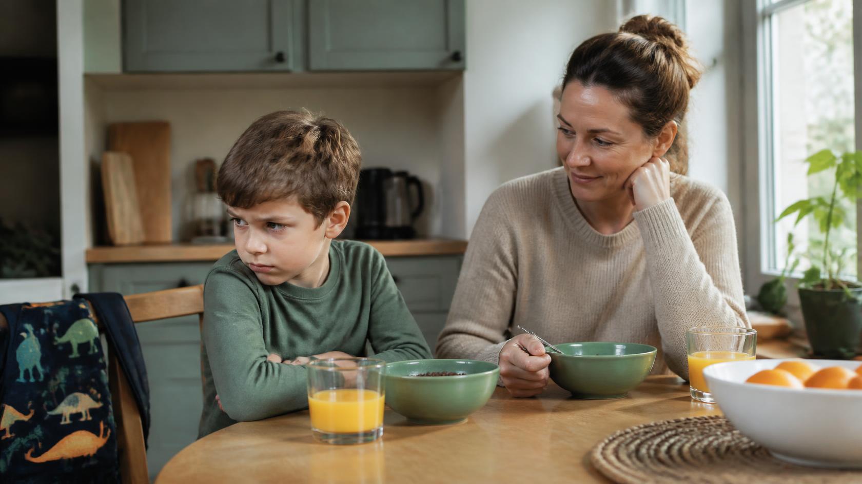 Enfant qui dit non à tout au petit-déjeuner, sa maman reste calme et bienveillante