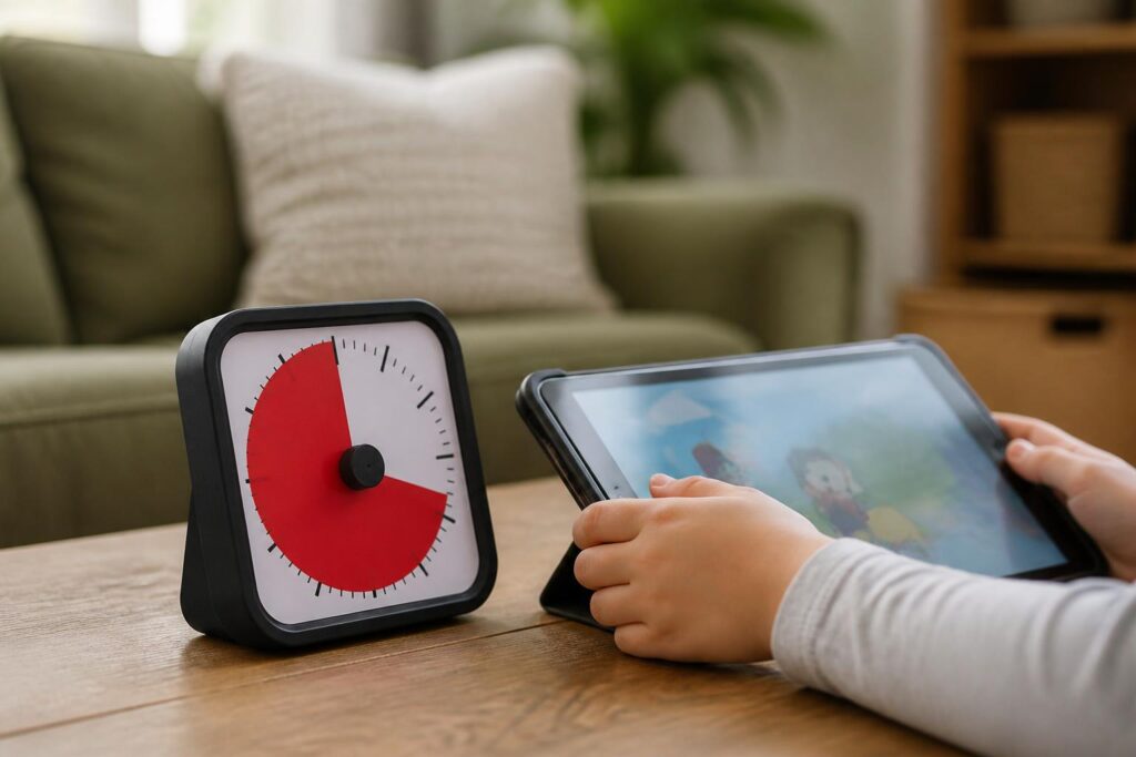 Minuteur visuel à côté d’une tablette pour prévenir la fin du temps d’écran