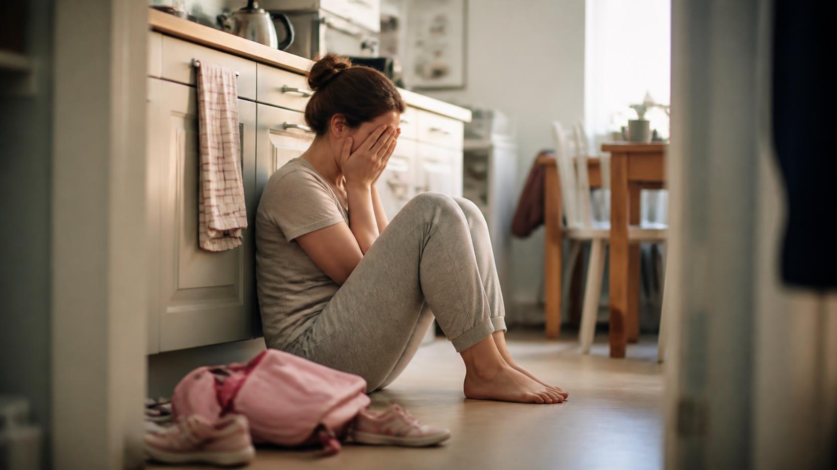 Parent d’un enfant TDAH en épuisement parental, assis la tête dans les mains