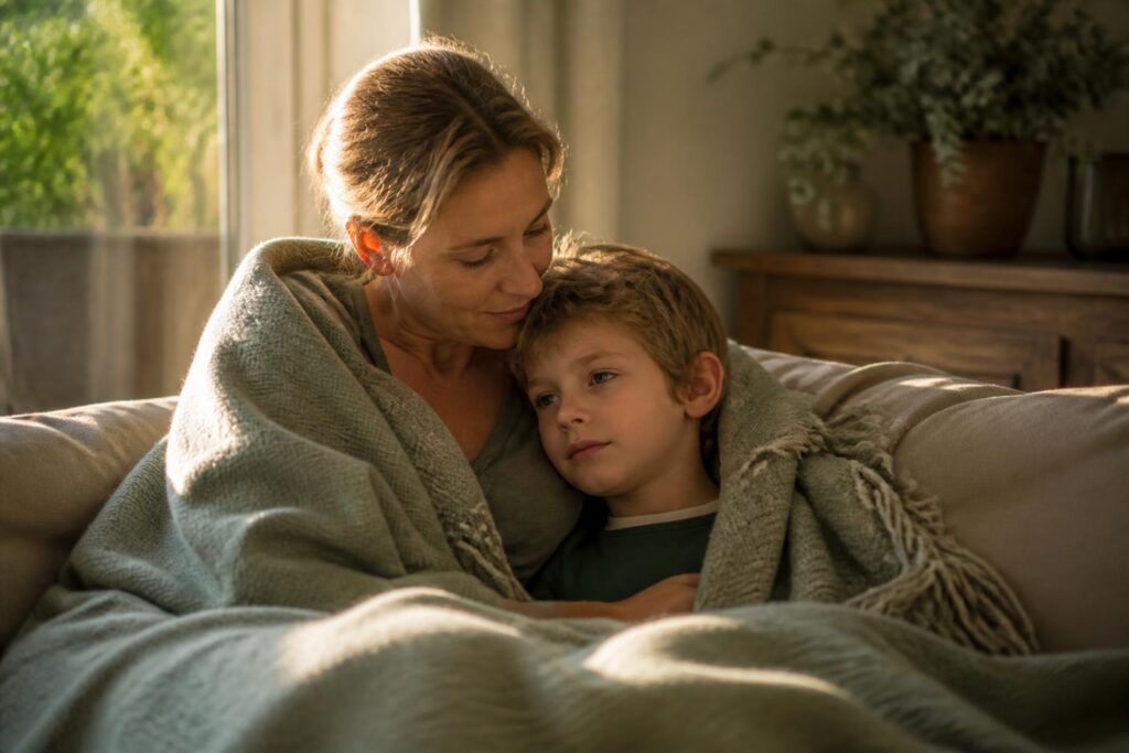 Maman et son enfant qui dit non à tout, apaisés sous un plaid après la crise