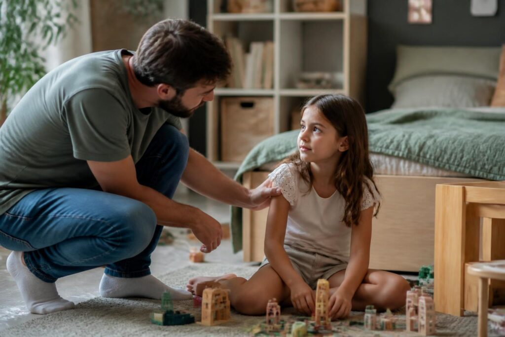 Enfant qui dit non à tout : parent qui se met à sa hauteur pour donner une consigne sans crier